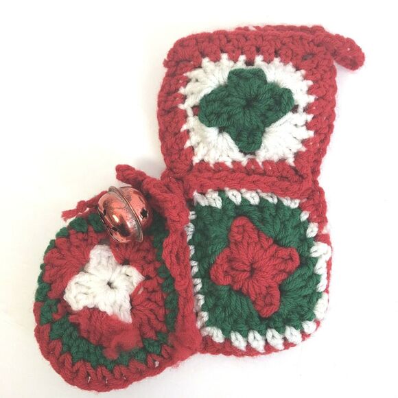 Granny Square Christmas Stocking With Bell Red Green White Handmade Crochet Gift - Picture 4 of 4